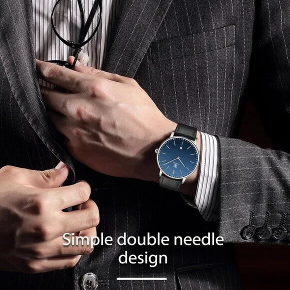 Men's Black -Blue Leather Strap Analog Minimal Simple Stylish Buckle Wrist Watch - Picture 3 of 6